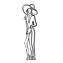 Vector Illustration Sketch Silhouette of Beautiful Fashion Girl Wearing Hat With Wide Brim