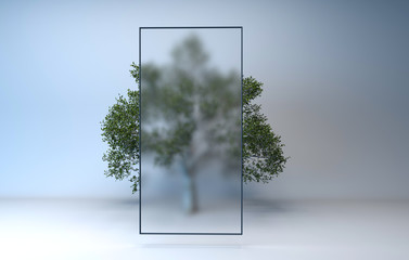3d render tree behind frosted glass