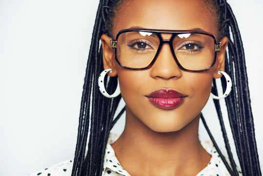 African-American female model in glasses