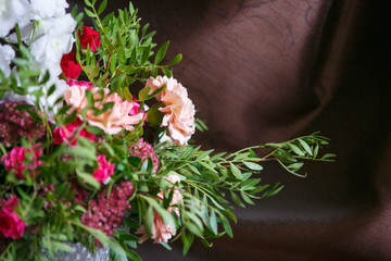 Beauty bouquet on celebration closeup. Delicate, exquisite flowers. Natural light
