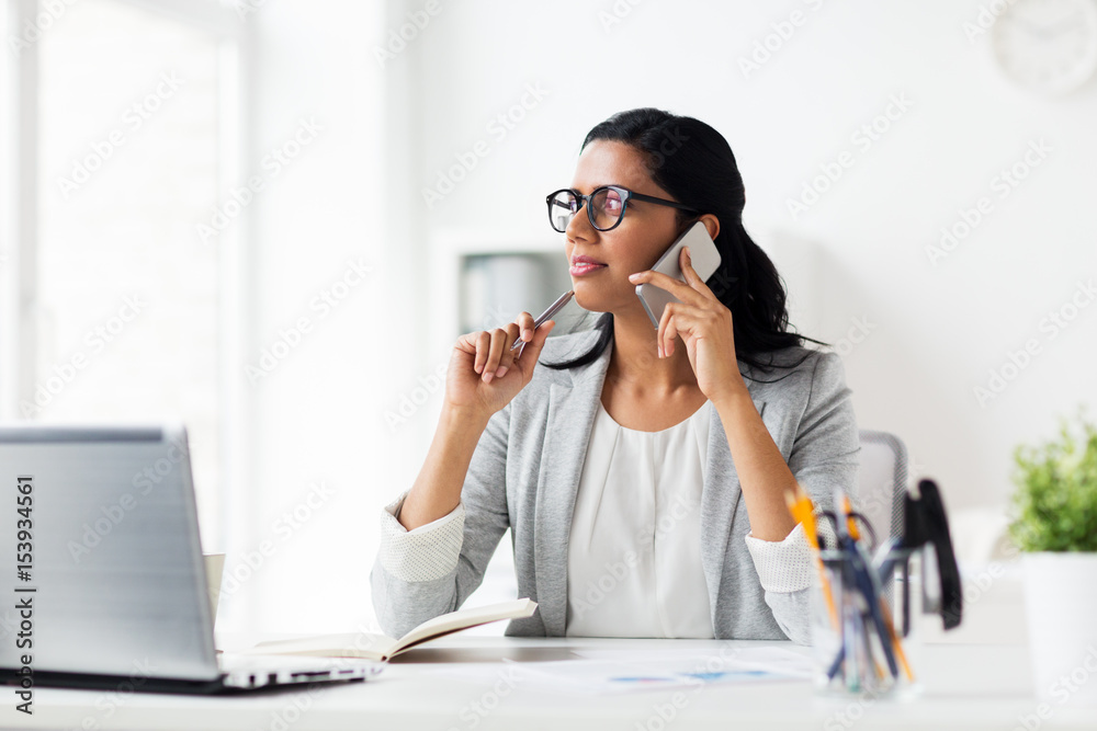 Sticker businesswoman calling on smartphone at office