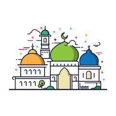 Modern line art Islamic Mosque building. White background, Modern Mosque icon illustration.