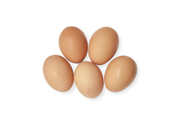 Fresh chicken eggs on a white background.