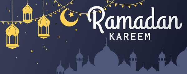 Ramadan Kareem horizontal vector banner, text in right with lantern and Mosque. Ramadan Kareem ads, flyer, invitation, greeting card. Islamic background. © Fand