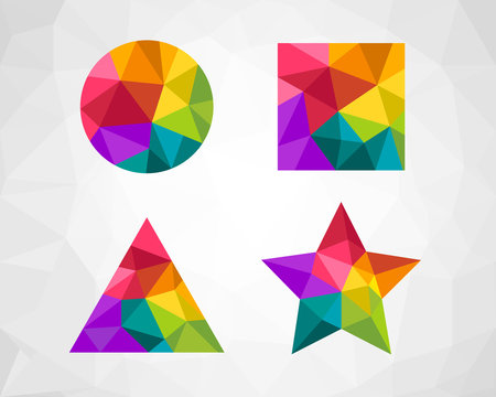 Low Poly Geometric Shapes As Design Element. Colorful Circle, Square, Triangle And Star Shape.