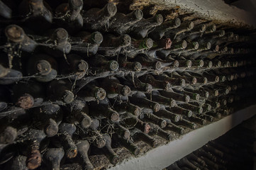 Old wine bottles in a cobweb in the cellar