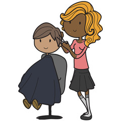 Doodle style hairdresser cutting a boy his hair