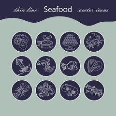 Seafood thin line vector icons set.
