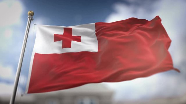 Tonga Flag Waving Slow Motion 3D Rendering Blue Sky Background - Seamless Loop 4K