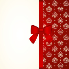 Gift  Card with Shiny Red Satin Gift Bow Close up, has space for text on  background. Gift Voucher Template.  Vector image.