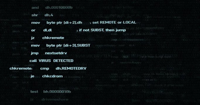 Virus Detected - blinking words in source code on digital computer background