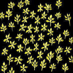 Vector background with golden leaves and plants on black  field.