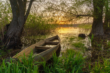 A misty summer morning on the river or lake. Old rough wooden fishing boats on green grass and water, sunrise, fog. Lonely calm mood nature concept. Copy space, horizontal wallpaper or background.