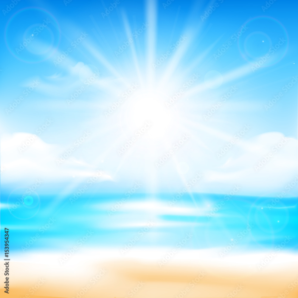 Wall mural abstract blur sand beach and blue sky background with sunlight and flare element for summer vector i