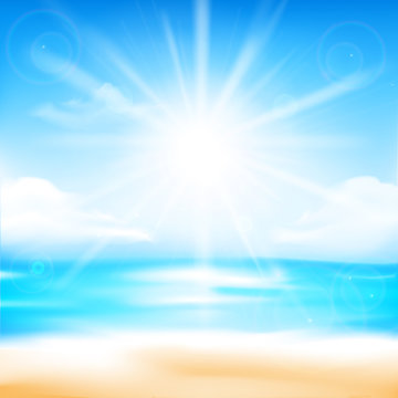 Abstract blur sand beach  and blue sky background with sunlight and flare element for summer vector illustration eps10