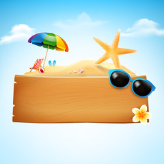 Naklejka premium Blank wood board with copyspace and summer beach element vector illustration