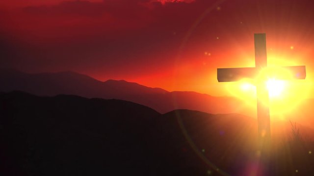 The Light of Christ Old Wooden Crucifix on the Desert During Scenic Sunset. Christian Cross Sunset Background Animation