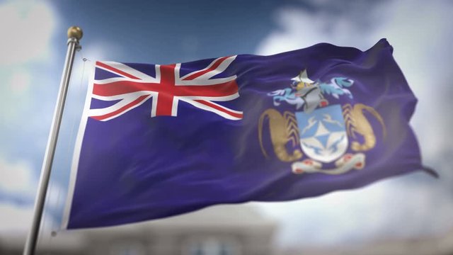 Tristan da Cunha Flag Waving Slow Motion 3D Rendering Blue Sky Background - Seamless Loop 4K