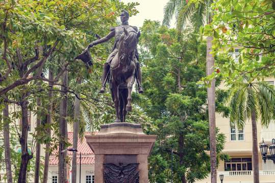 Statue of the state founder Simon Bolivar in Bolivar Park Plaza in Cartagena de Indias Colombia