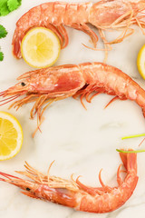 Raw shrimps with slices of lemon, cilantro, and copyspace