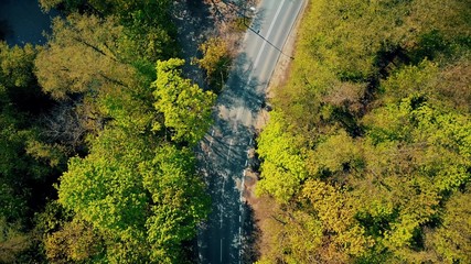 Aerial shot of a forest car road bend, top down view