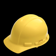 Bright yellow safety helmet, isolated against the dark black background.