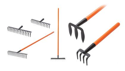 rake and hoe set isolated on white