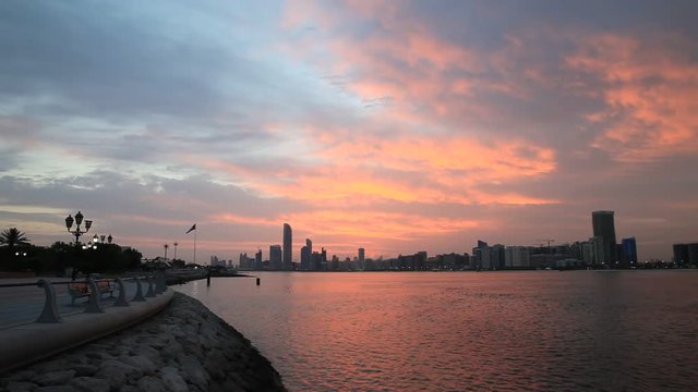 Beautiful sunrise in Abu Dhabi, United Arab Emirates. Establishing shot.