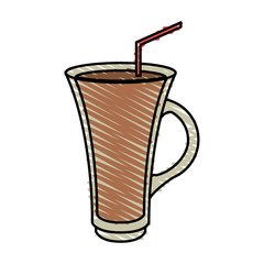 color crayon stripe cartoon transparent glass cup of coffee with straw vector illustration