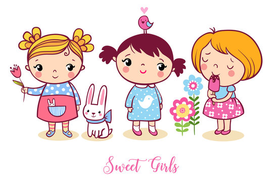 Cute cartoon girls set.  Vector illustration. The girls stand with hare. The child is eating ice cream. A little girl is holding a flower in her hand. A child with a bird on his head. 