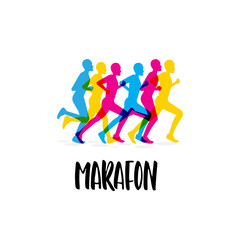 The logo of the sporting event, the marathon. Vector image in a flat style with a group of runners athletes and lettering