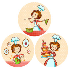 Set with the girl cook. A woman is cooking soup. The girl baked a cake. Vector illustration in cartoon style.