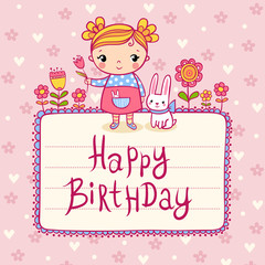 Beautiful happy birthday greeting card with flowers, girl and rabbit. Vector party invitation.