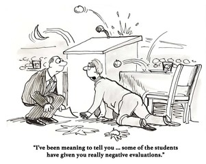 Education cartoon about students who do not like the professor's teaching style, they are throwing rotten fruit at him.