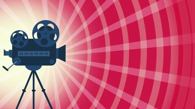 Animation of colorful cartoon Cinematic camera over red sunburst rotation background loop with space for text or logo. Illustration Cinema Background. Cinematography, Cinema and entertainment Concept