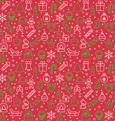 Seamless pattern of Christmas and new year celebration elements. Thin line style background. Unique illustration for textile and wrapping paper.