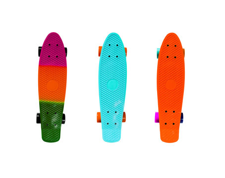 Collection of colorful skateboards isolated on white background