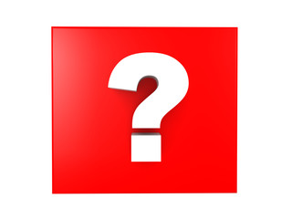 3D illustration of a white question mark over a red background. Image depicting an icon of inquiry.