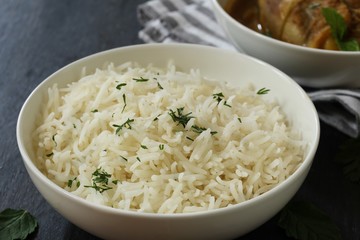 Cooked Long grain Basmati Rice served with chicken curry, selective focus