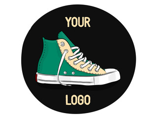 Logo for the shoe store. Sport shoes on gray background.  Keds eps 10 illustration