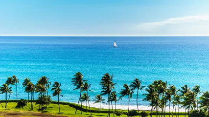 Fototapeten Sail Boat in the Pacific Ocean just off the coast at the resort community of Ko Olina on the West Coast of the Hawaiian island of Oahu © hpbfotos