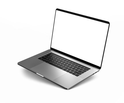 Laptop with blank screen isolated on white background, dark aluminium body. Whole in focus. High detailed.