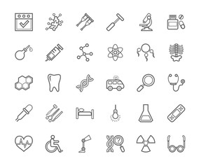 Medicine, icons, monochrome, contour drawing, flat, vector. Medical services specialization. The profession of doctors. Medical instruments. Linear grey images on a white background. 