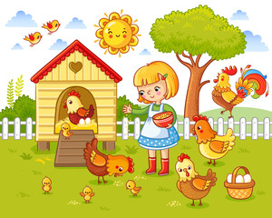 A little girl feeds chickens and hens around the chicken coop. Vector illustration in children`s style.