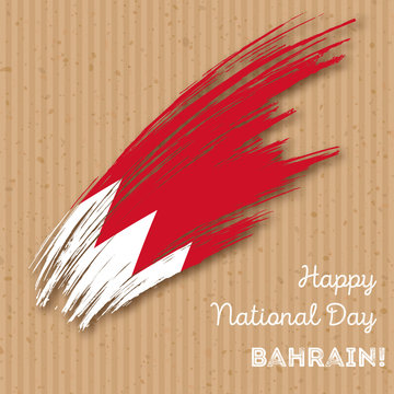Bahrain Independence Day Patriotic Design. Expressive Brush Stroke in National Flag Colors on kraft paper background. Happy Independence Day Bahrain Vector Greeting Card.