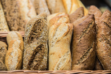 Arrangement with tasty fresh bakery products on table.