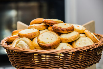 Arrangement with tasty fresh bakery products on table.