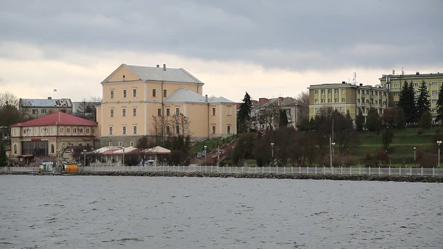 Yellow building of castle and lake in Ternopil city, western Ukraine. Castle was built in 16th century to protect the southern border of Kingdom of Poland and Polish-Lithuanian Commonwealth