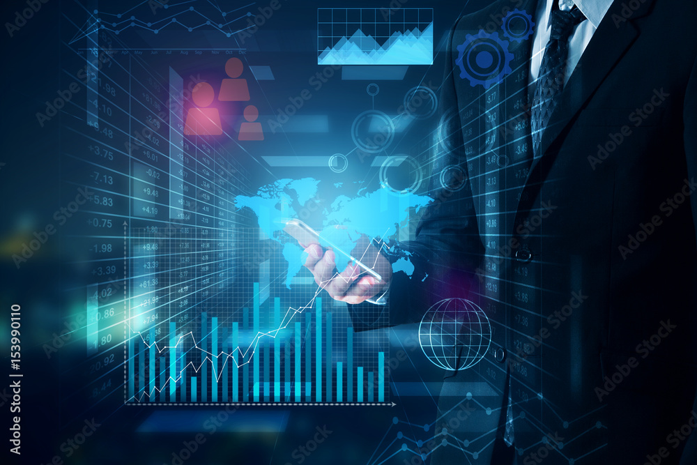 Poster Man using cellphone with business charts