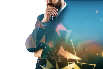 Businessman on polygonal background with copyspace
